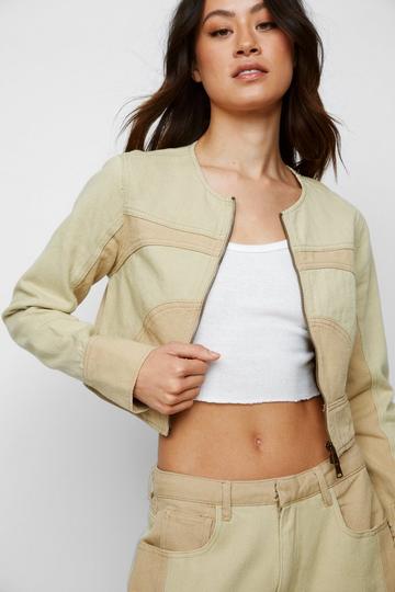Beige Twill Color Block Cropped Jacket