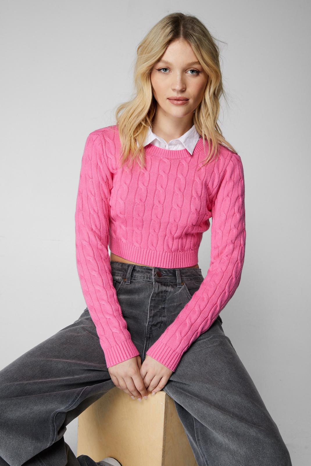 Candy pink Cropped Cable Knit Jumper image number 1