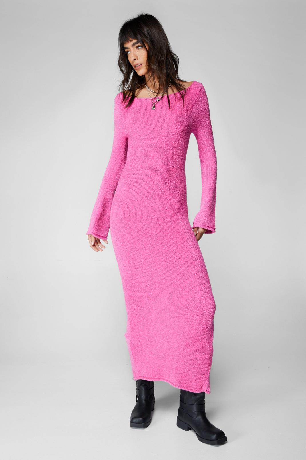 Pink Boucle Long Sleeve Maxi Dress image number 1