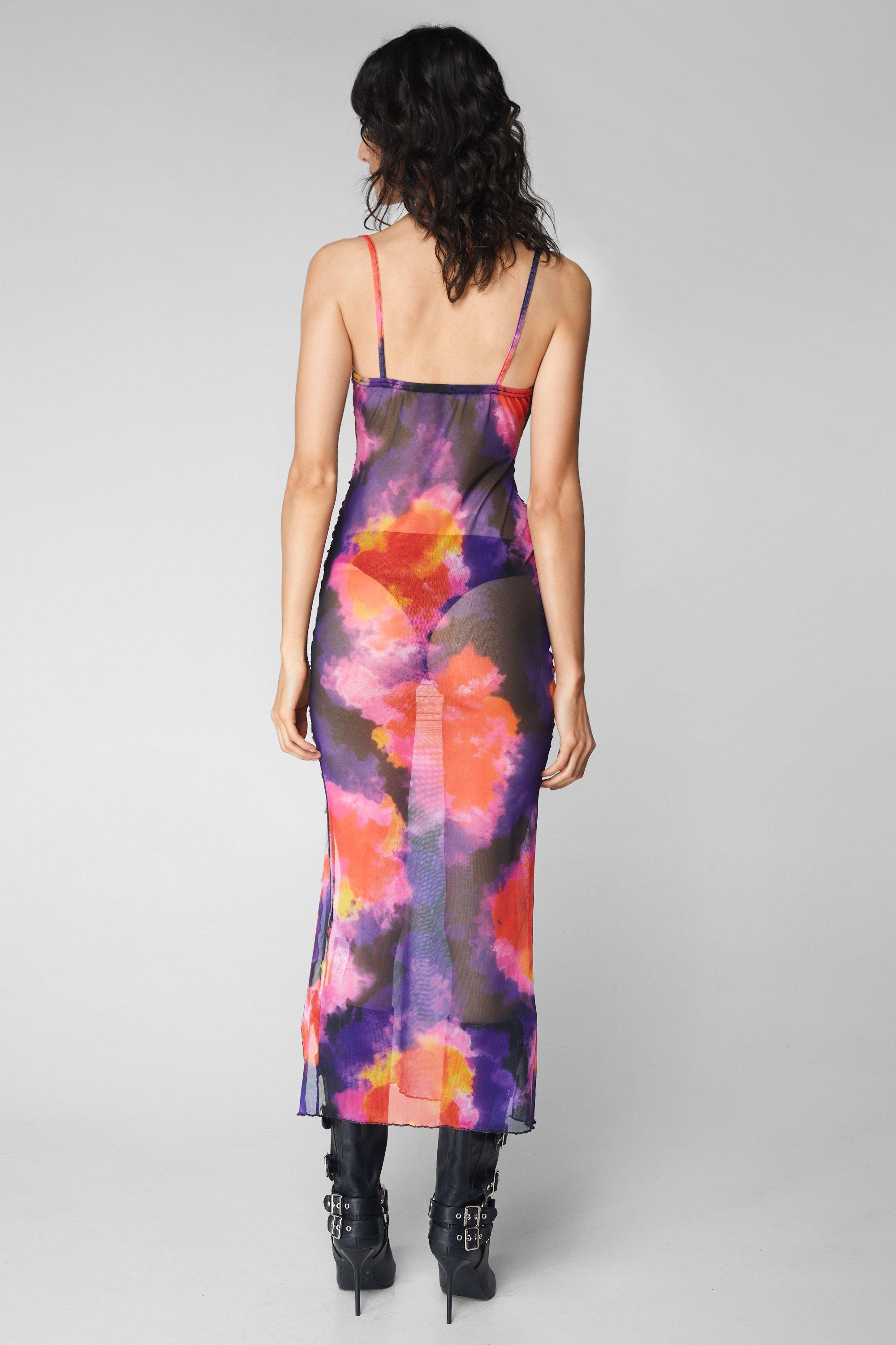 Printed Mesh Ruched Front Maxi Dress