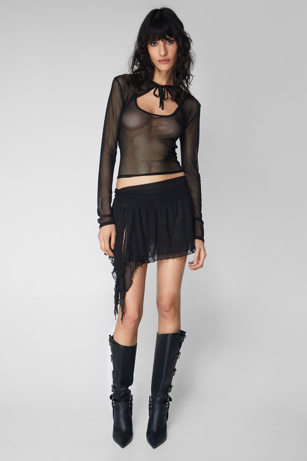 Black Mesh Tiered Ruffle Mini Skirt image number 1