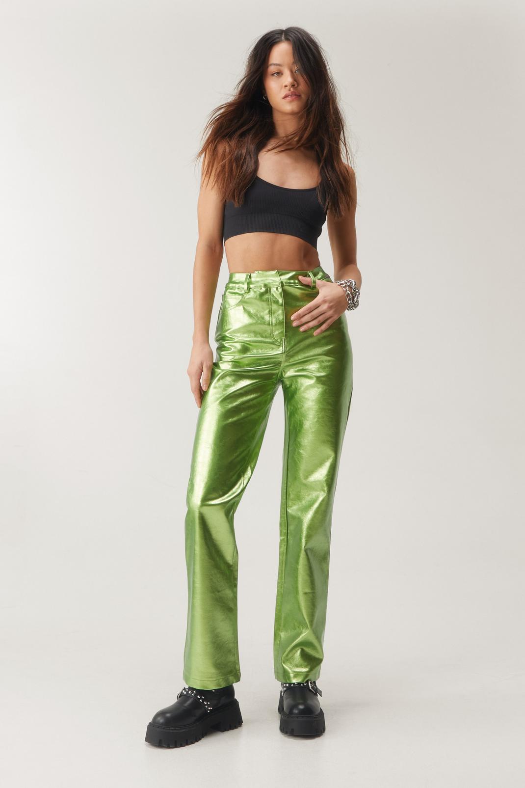 Bright green Premium Glitter Faux Leather Pants image number 1