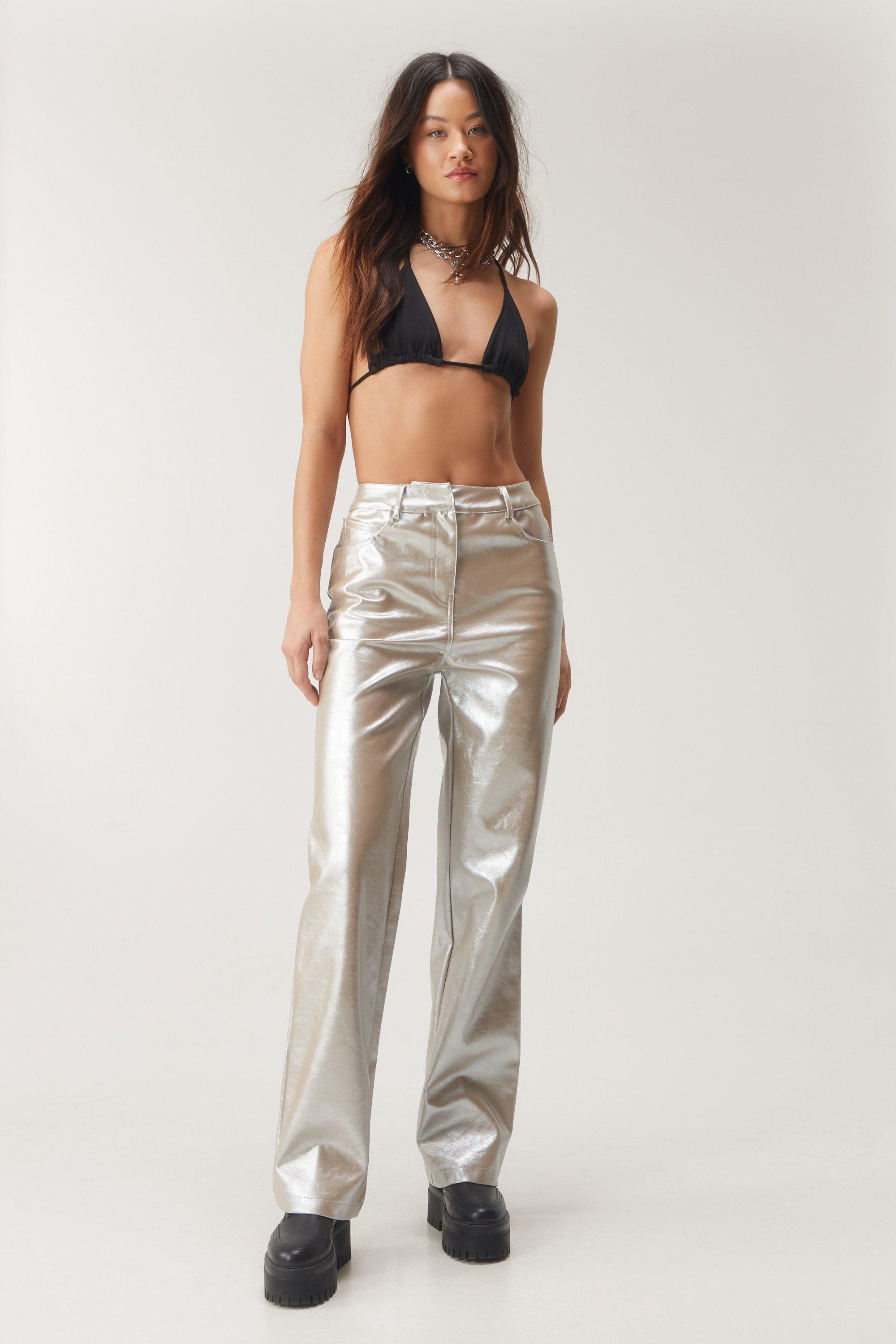 L9921 Women's Faux Leather Wide Leg Pants Vintage High Waist