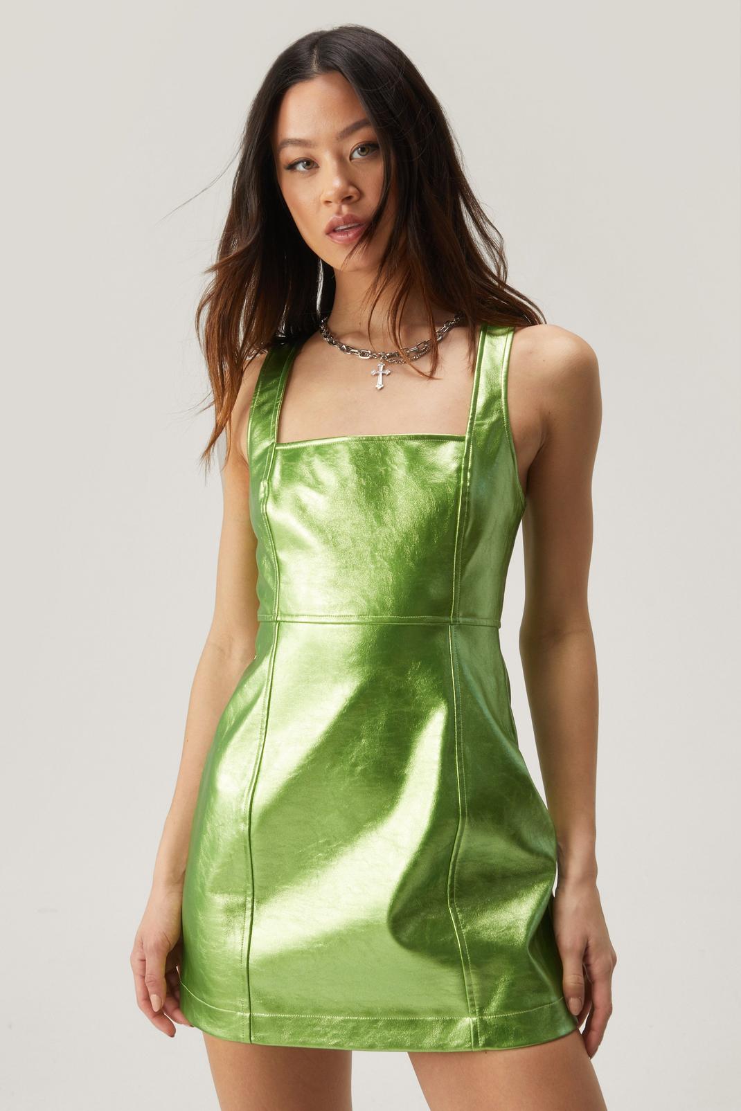 Bright green Premium Metallic Faux Leather Mini Dress image number 1