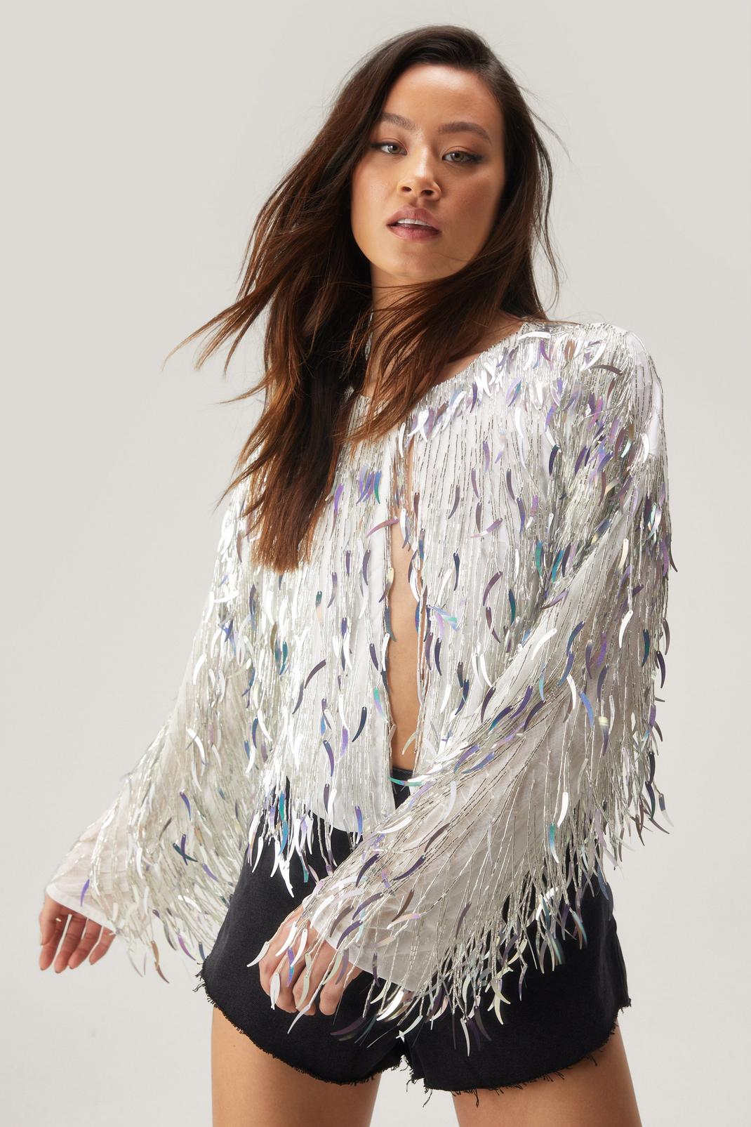 Silver Mixed Sequin Tassel Jacket image number 1