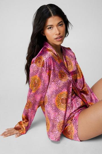Purple Satin Tile Print Long Sleeve Shirt And Short Pyjama Set