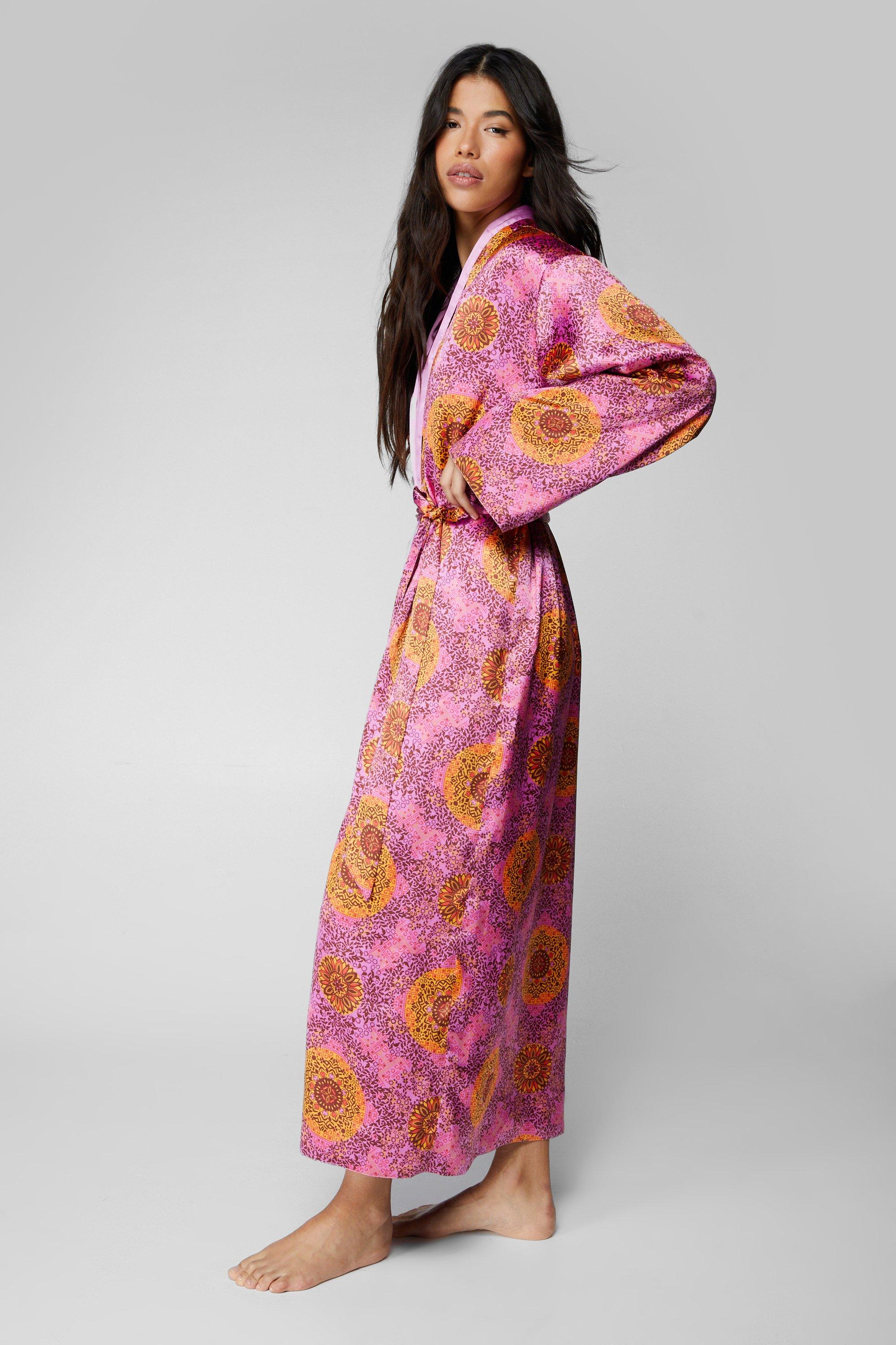 Satin Tile Print Reversible Maxi Robe