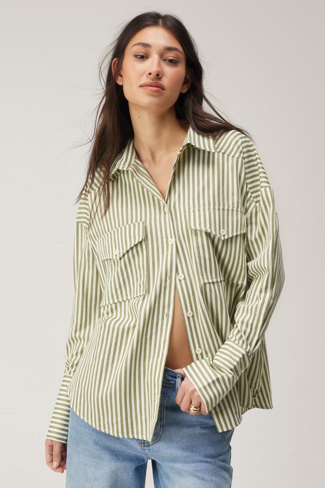 Khaki Stripe Split Back Oversized Tailored Shirt image number 1