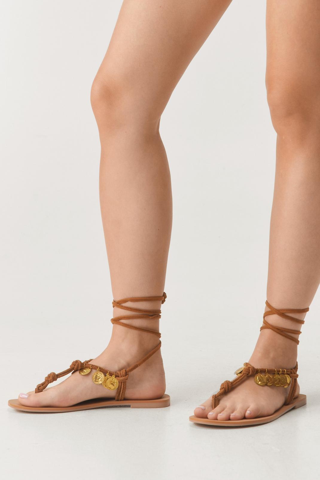 Real Suede Coin Knot Lace Up Sandals, Tan image number 1