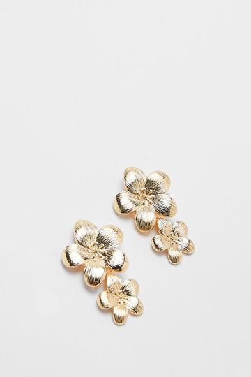 Gold Metallic Statement Double Flower Drop Earrings