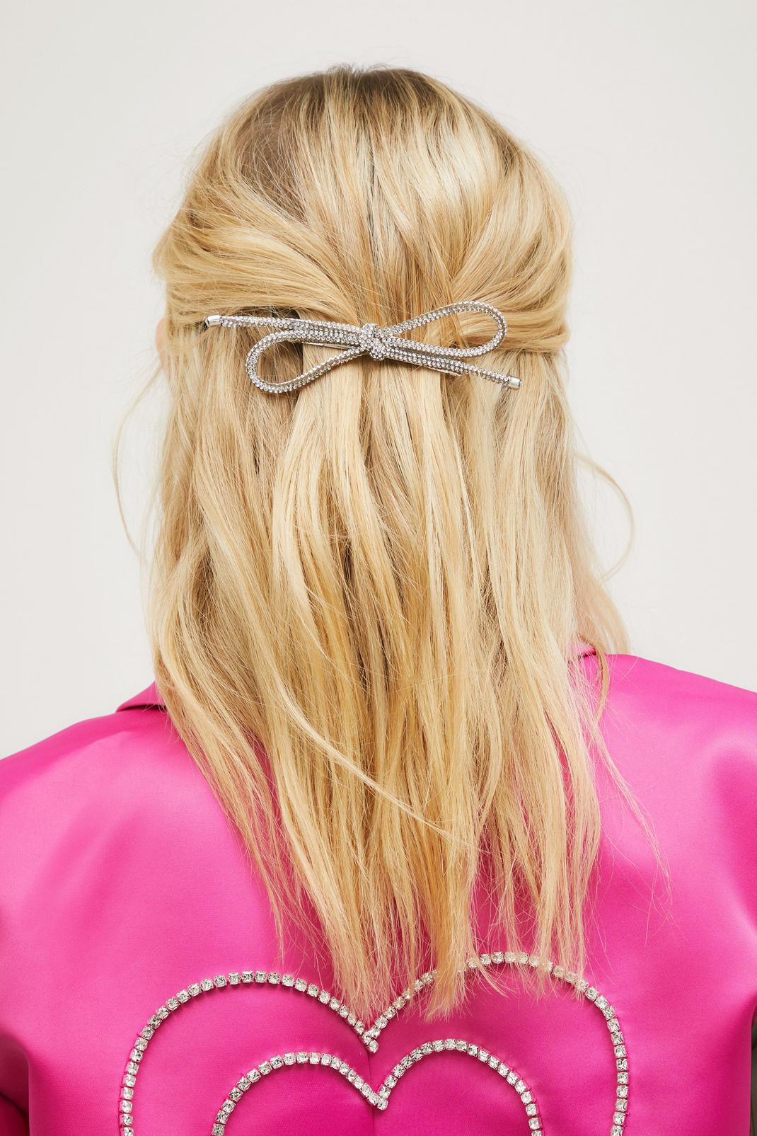 Silver Diamante Bow Hair Clip image number 1
