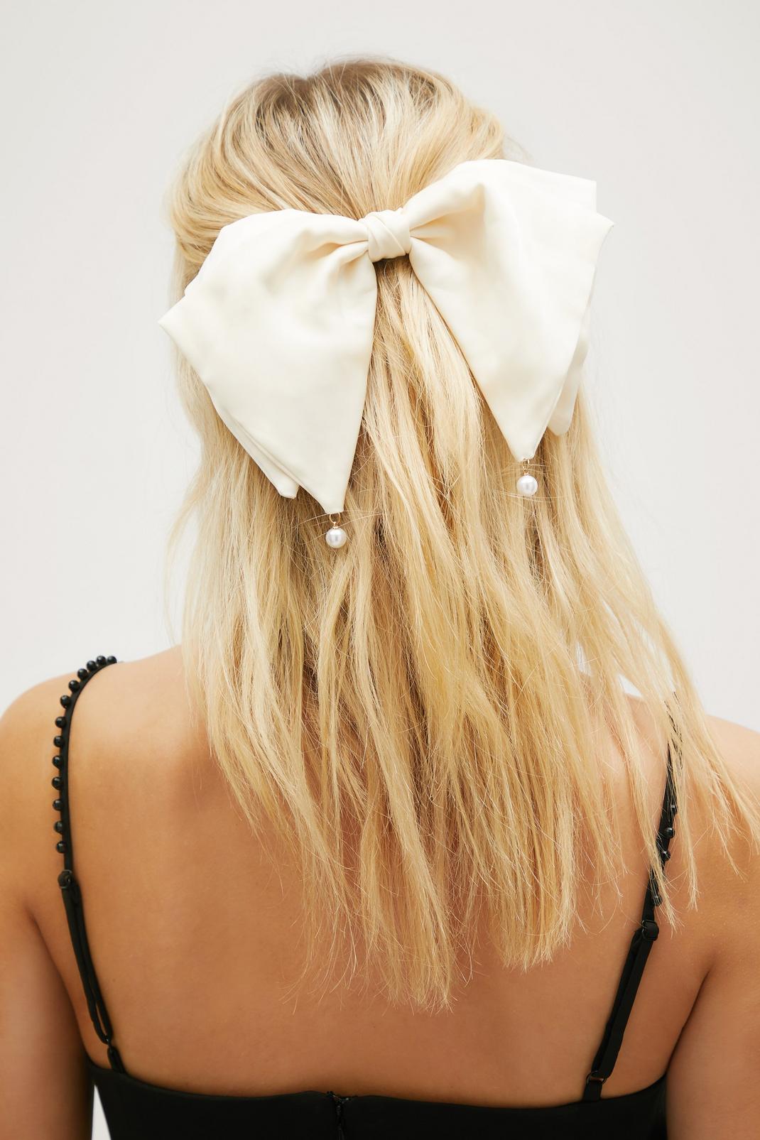 Cream Satin Pearl Drop Bow Hair Clip image number 1