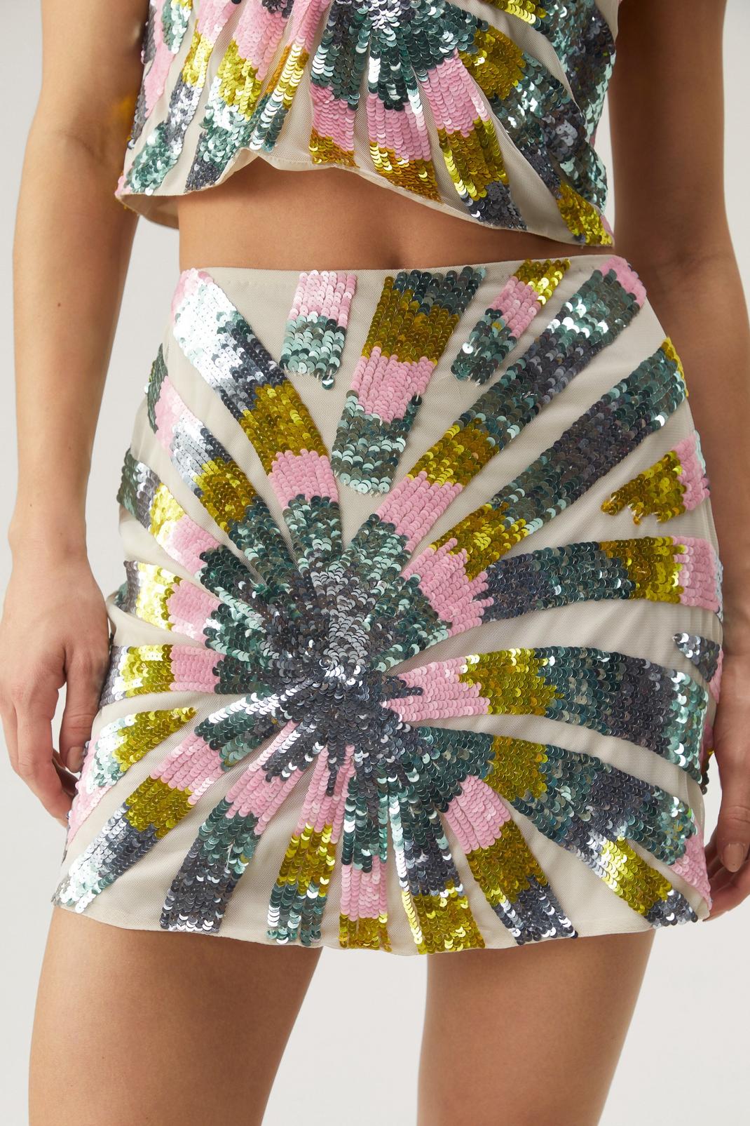 White Tie Dye Palm Sequin Mini Skirt image number 1