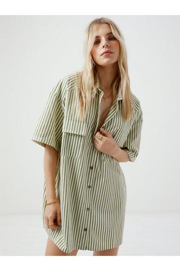 Khaki Stripe Oversized Short Sleeve Mini Shirt Dress