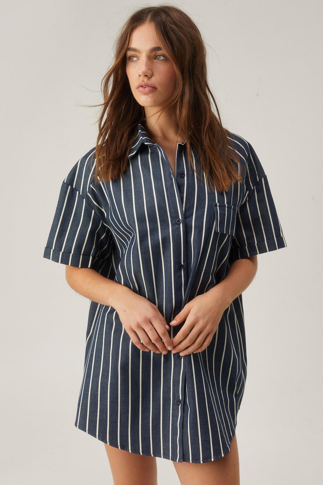Blue Stripe Oversized Shirt Mini Dress image number 1