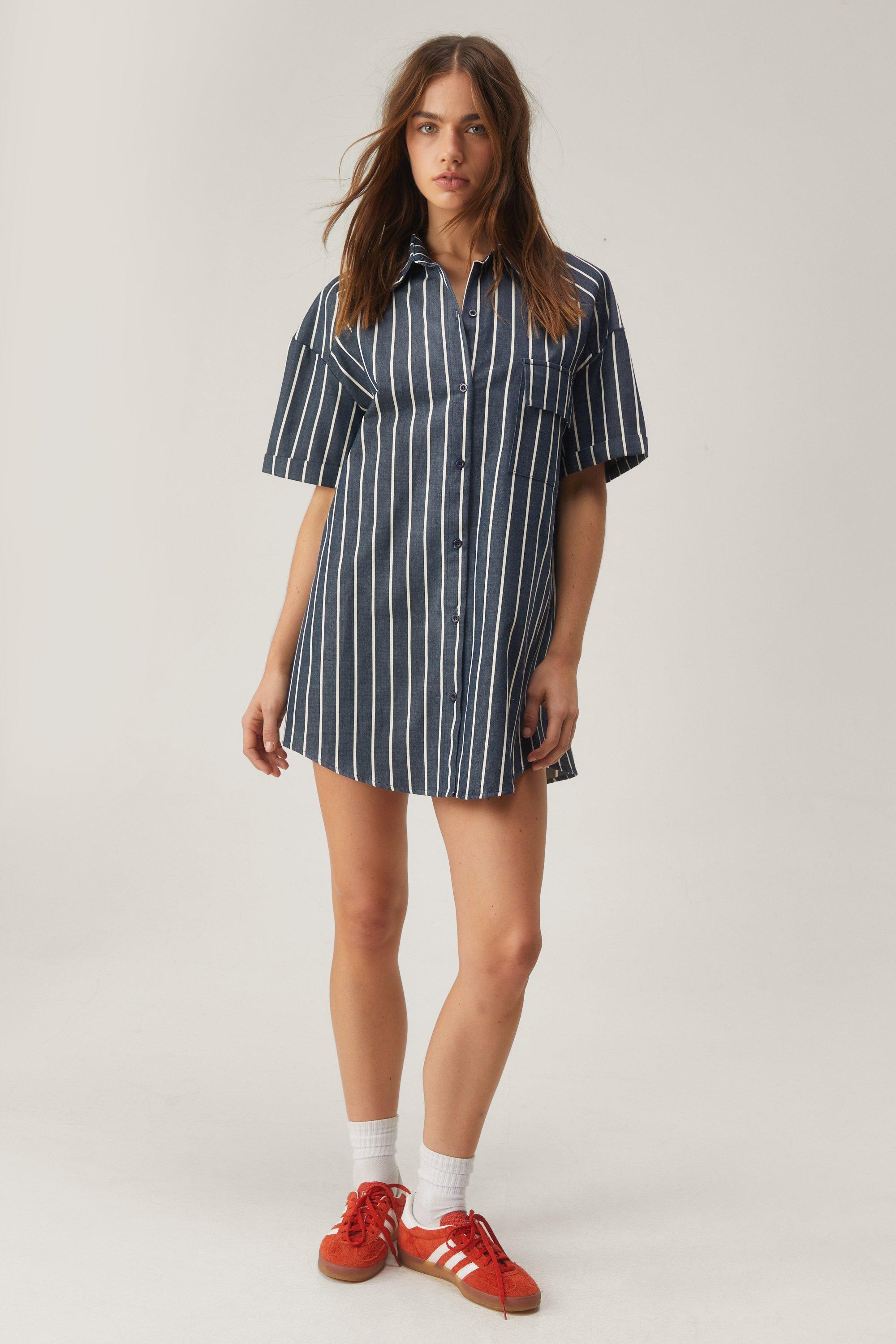 Monochrome Vertical Stripes Striped Short Sleeve Alternative Print Collar  Dress Urban Retro 