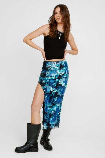 Blue Mixed Sequin Cut Way Midi Skirt