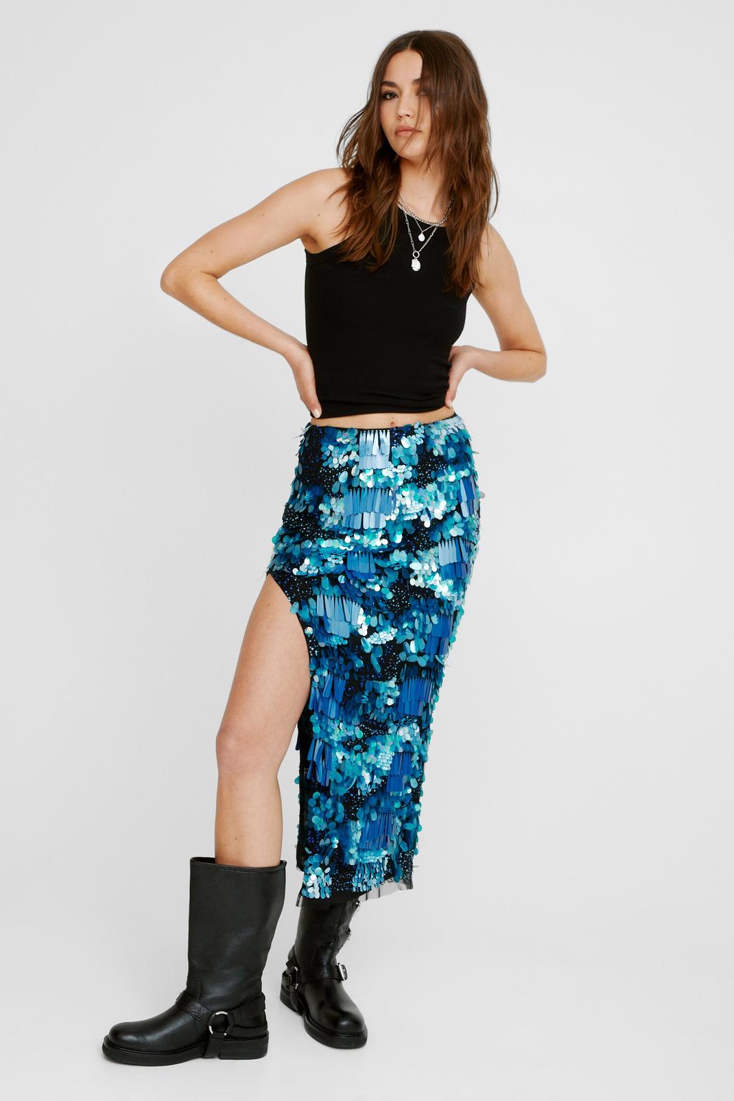 Blue Mixed Sequin Leg Slit Midi Skirt image number 1