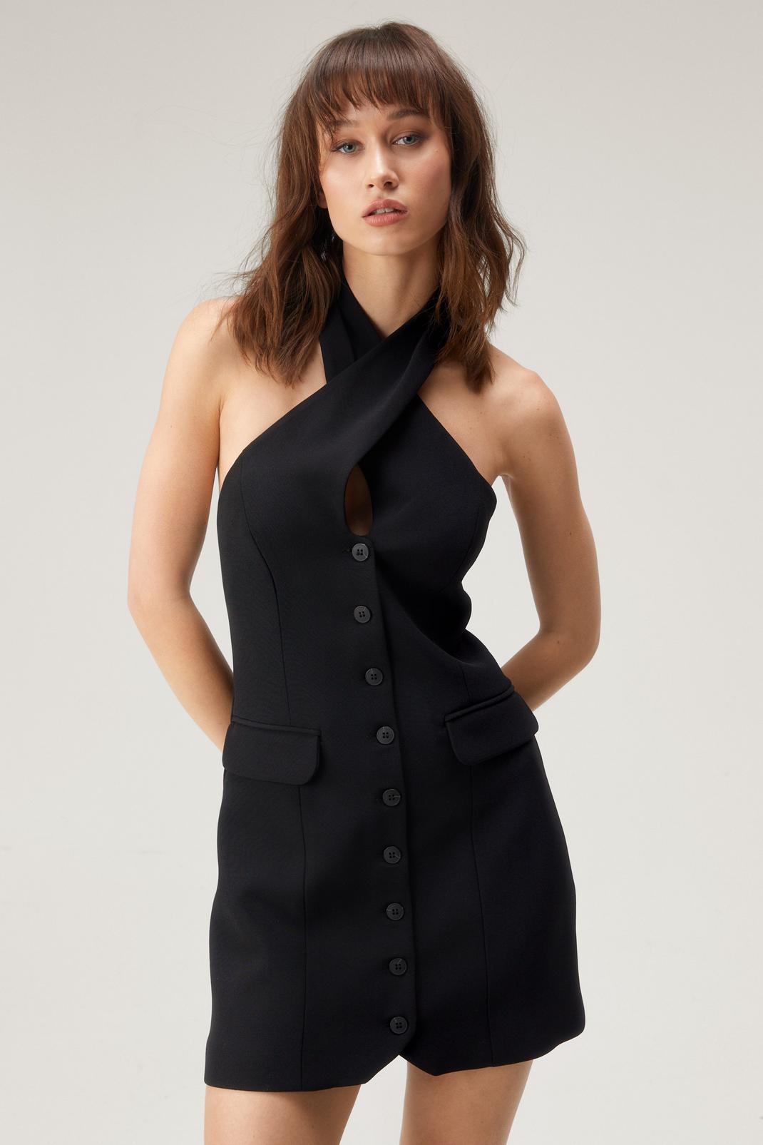Premium Tailored Button Down Halter Dress, Black image number 1