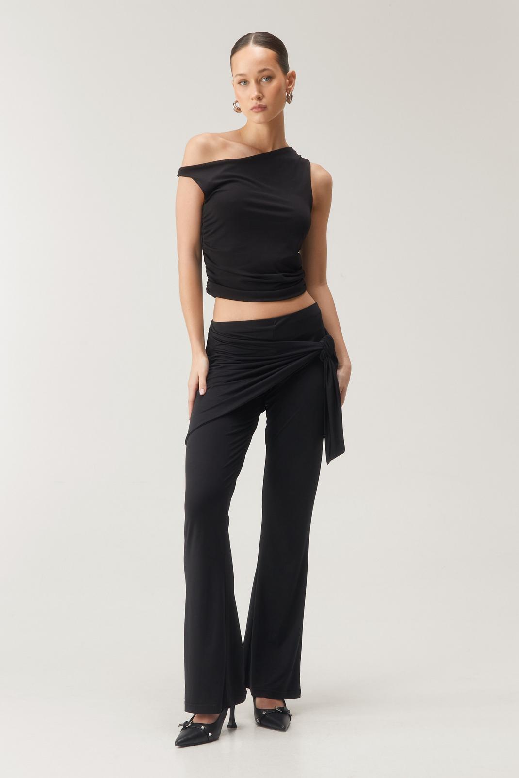 Black Premium Slinky Asymmetric Skirt Pants image number 1