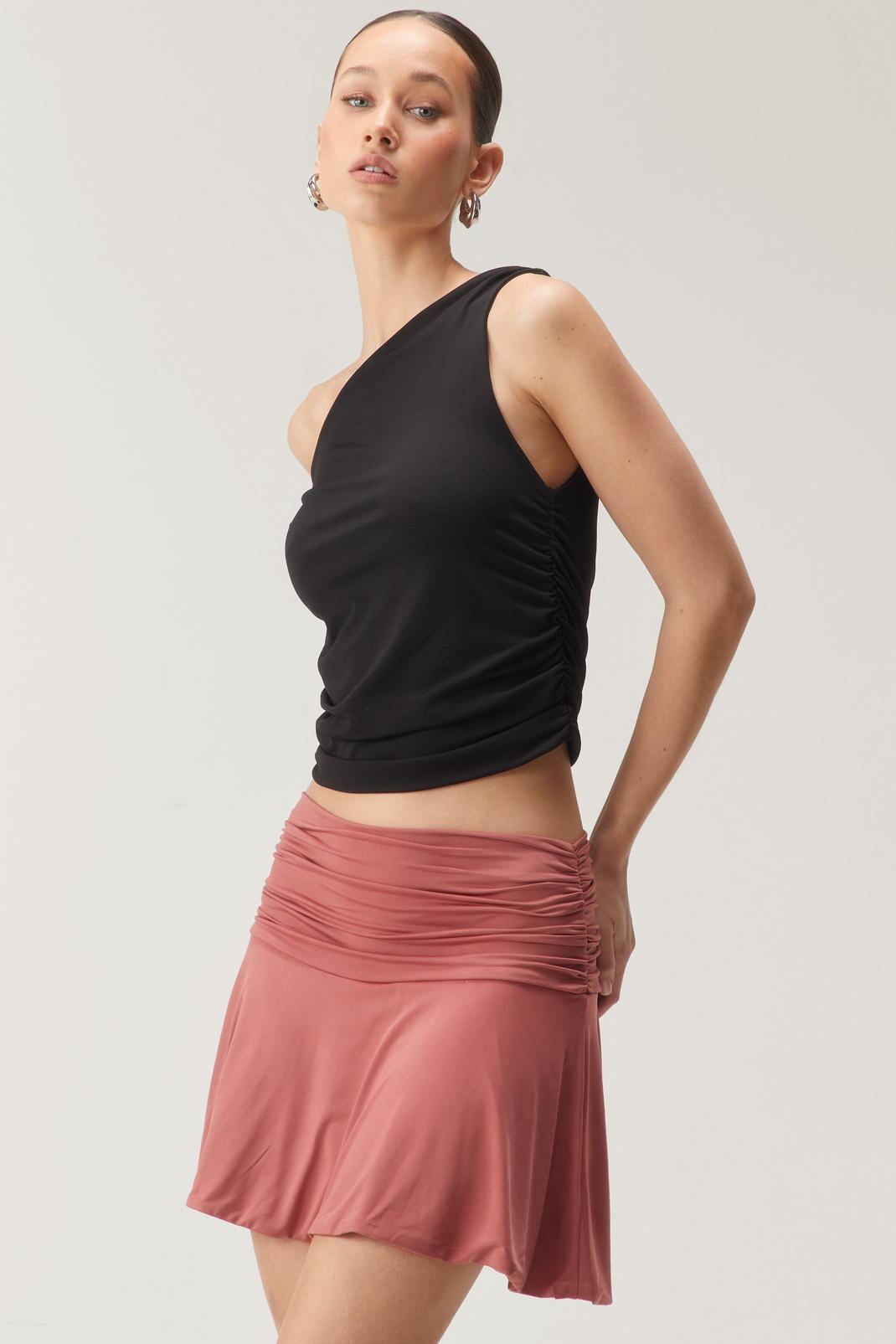 Mocha Premium Slinky Fold Over Mini Skirt image number 1