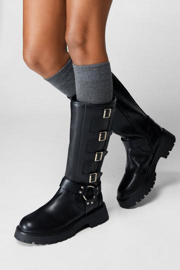 Faux Leather Buckle Knee High Boot black