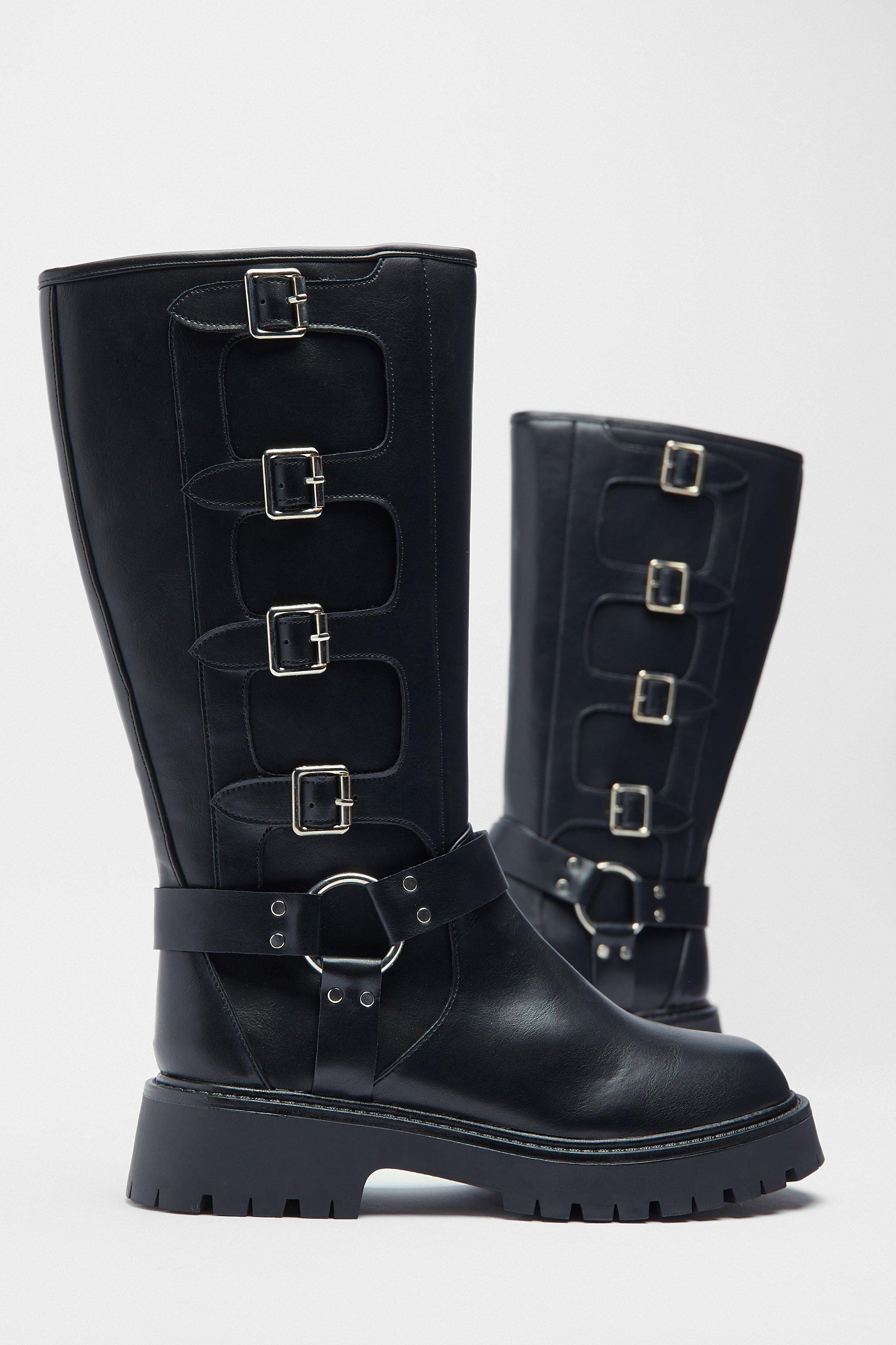 Faux Leather Buckle Knee High Boots