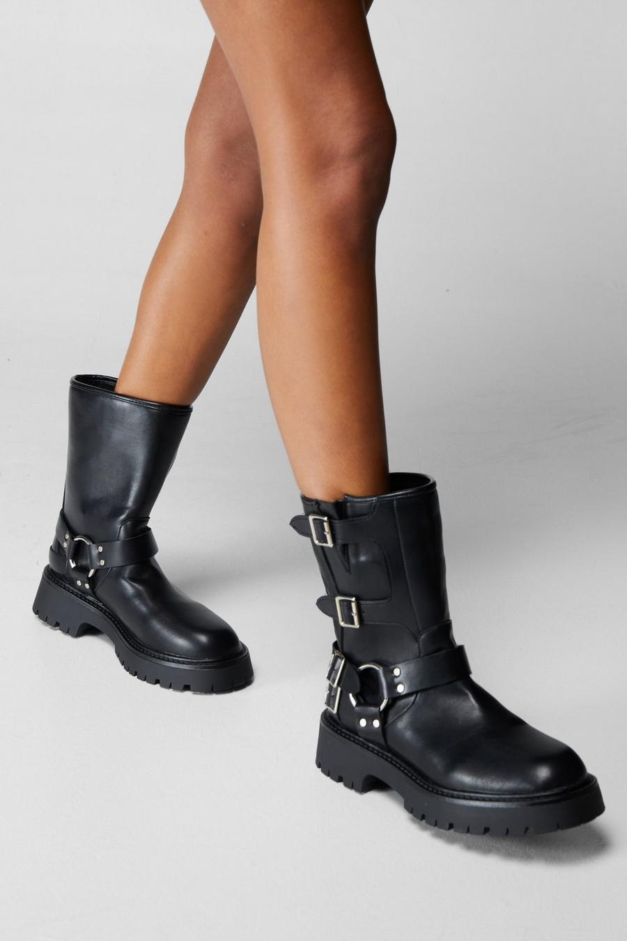 Faux Leather Buckle Ankle Boots