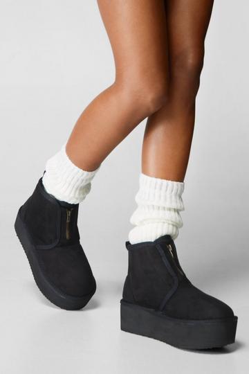 Black Platform Cosy Zip Front Ankle Boot