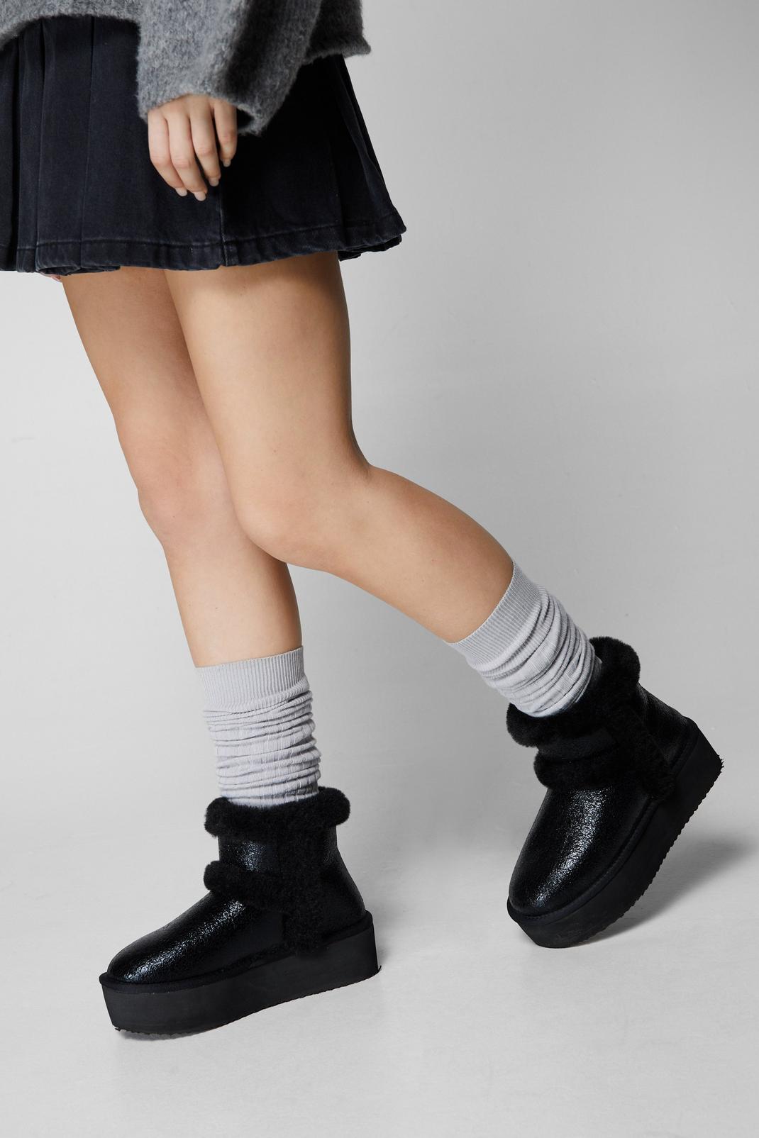 Black Platform Mini Metallic Faux Fur Ankle Boots image number 1