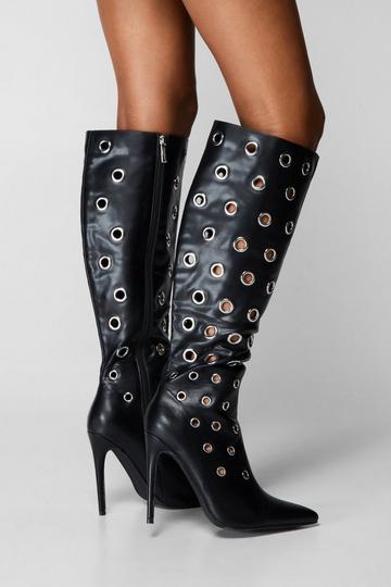 Black Faux Leather Eyelet Knee High Boots