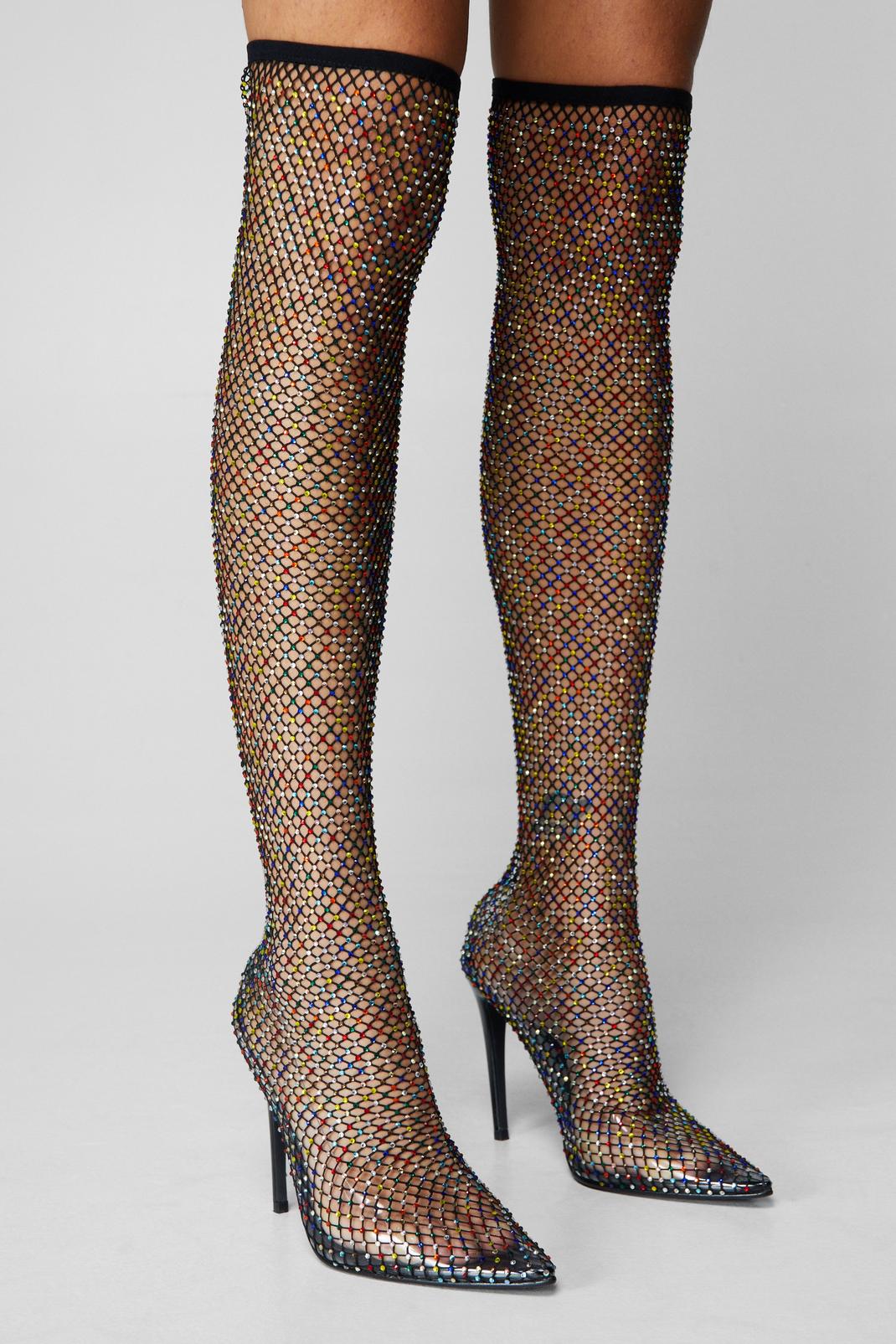 Multicolor Diamante Net Thigh High Boots, Multi image number 1