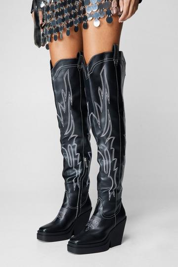 Faux Leather Thigh High Platform Boots black