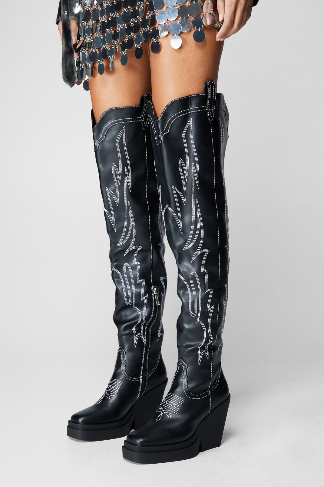 Black Faux Leather Thigh High Platform Boots image number 1