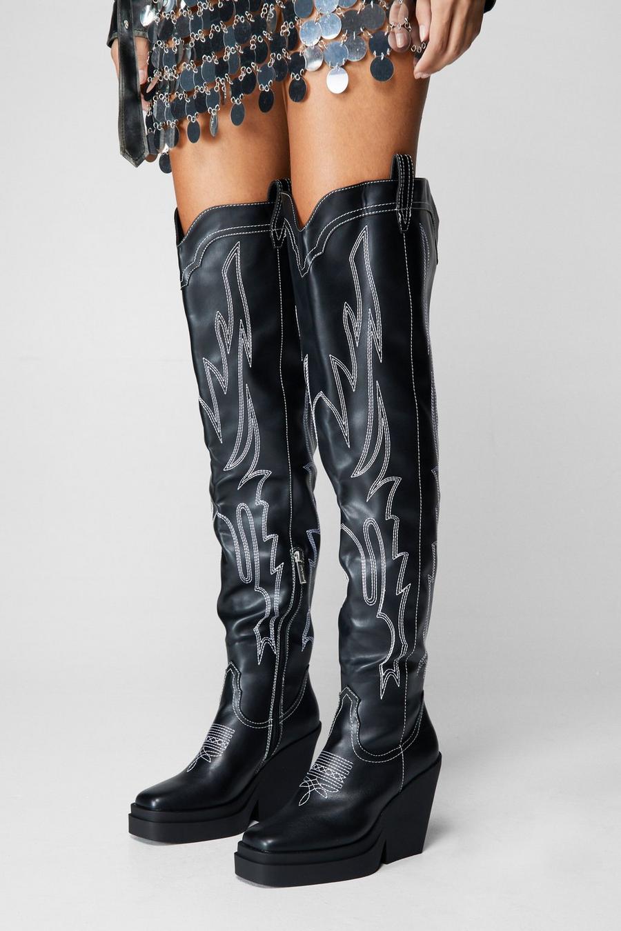 Women's Sexy Black Faux Leather Knee High Boots