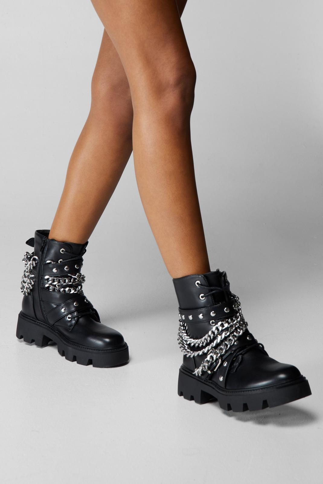 Black Faux Leather Chain Detail Biker Boots image number 1