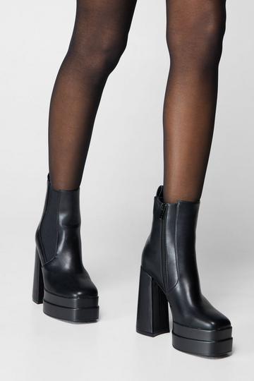 Black Faux Leather Platform Chelsea Ankle Boot