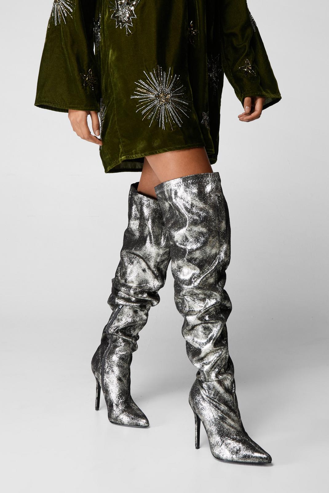 Silver Metallic Thigh High Boots image number 1