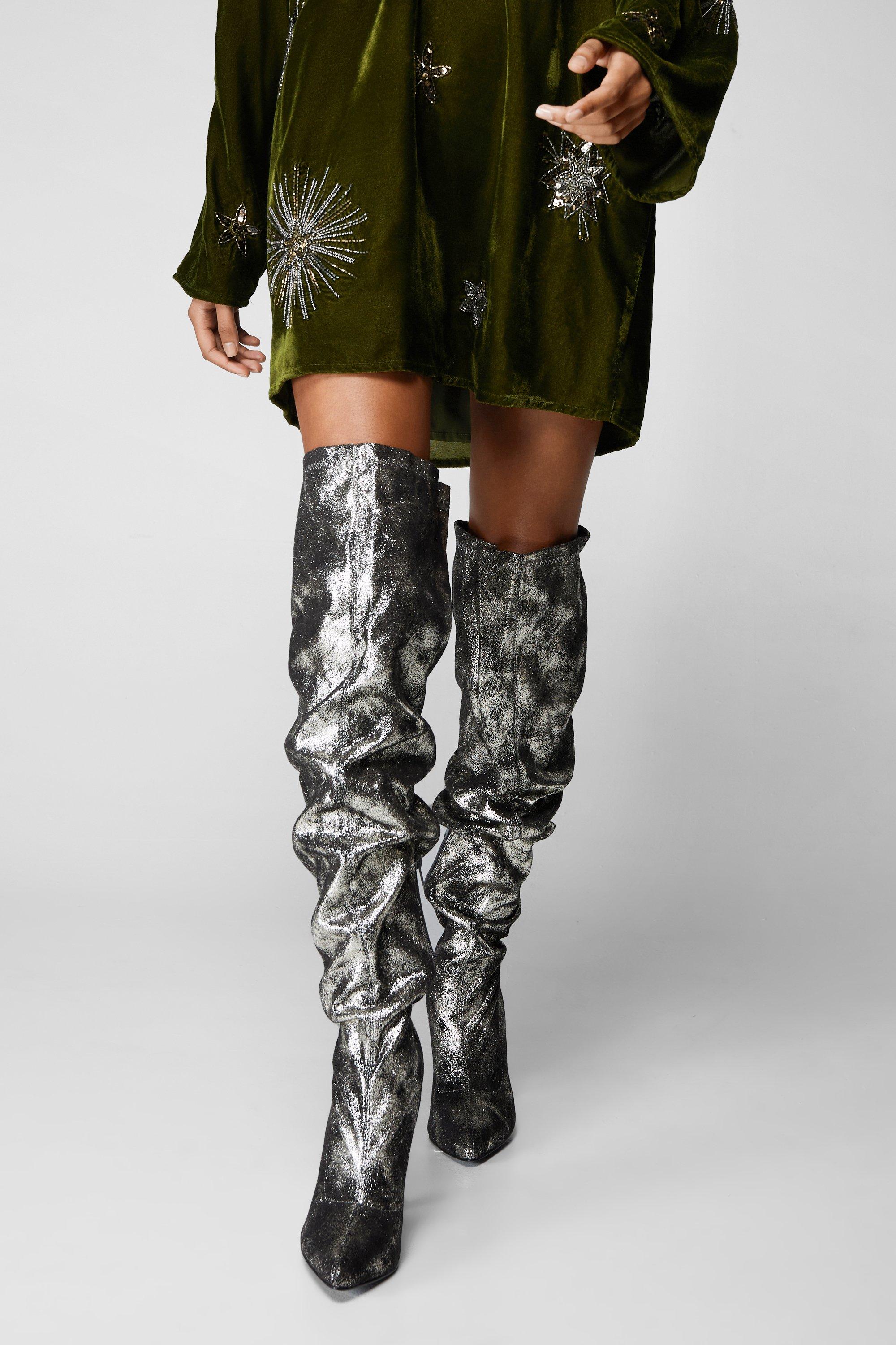 Thigh high best sale silver metallic boots