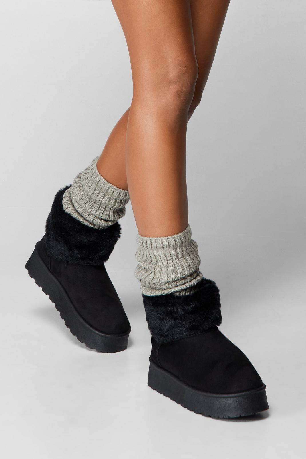 Faux Fur Platform Mini Ankle Boots, Black image number 1