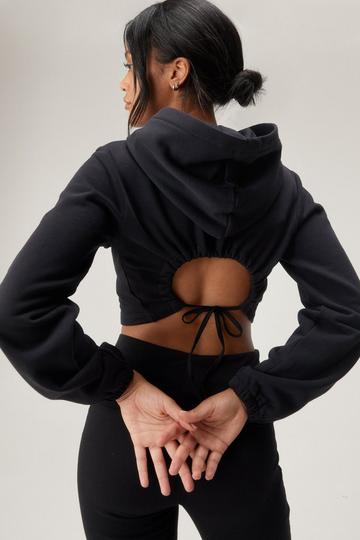 Black Ruched Open Back Cropped Hoodie