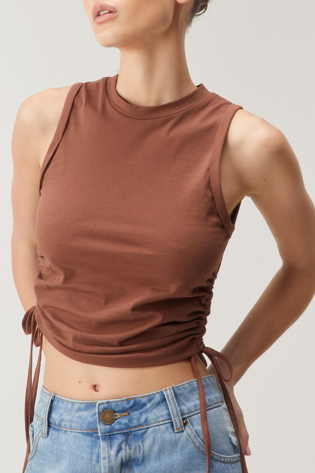 Chocolate Ruched Side High Neck Tank Top image number 1
