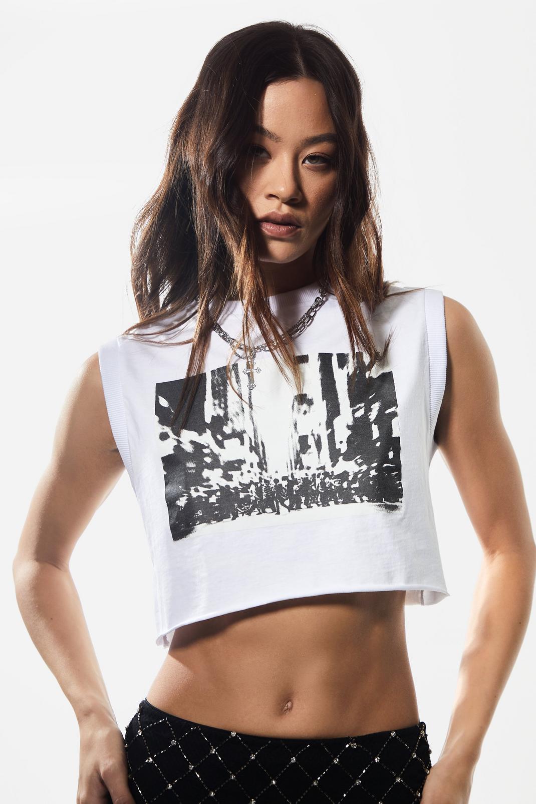White Acid Wash Photographic Printed Graphic Tank Top image number 1