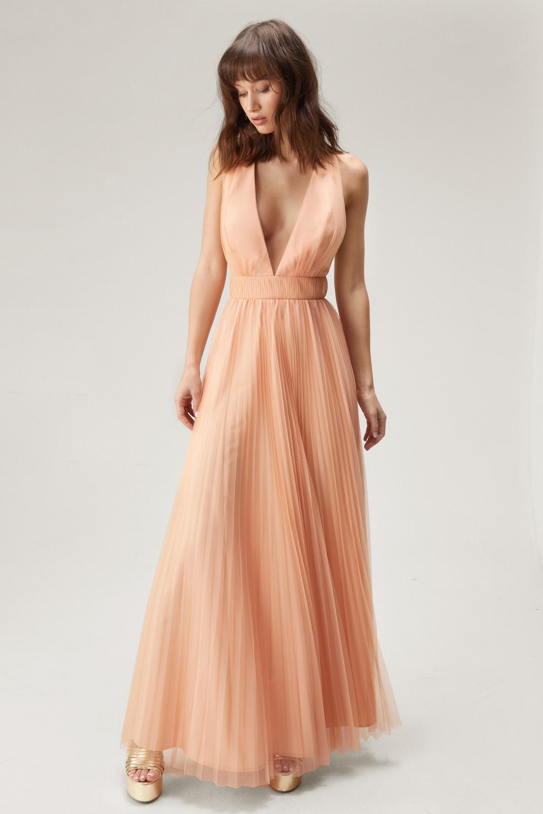 Tulle Plunge Maxi Dress, Apricot image number 1