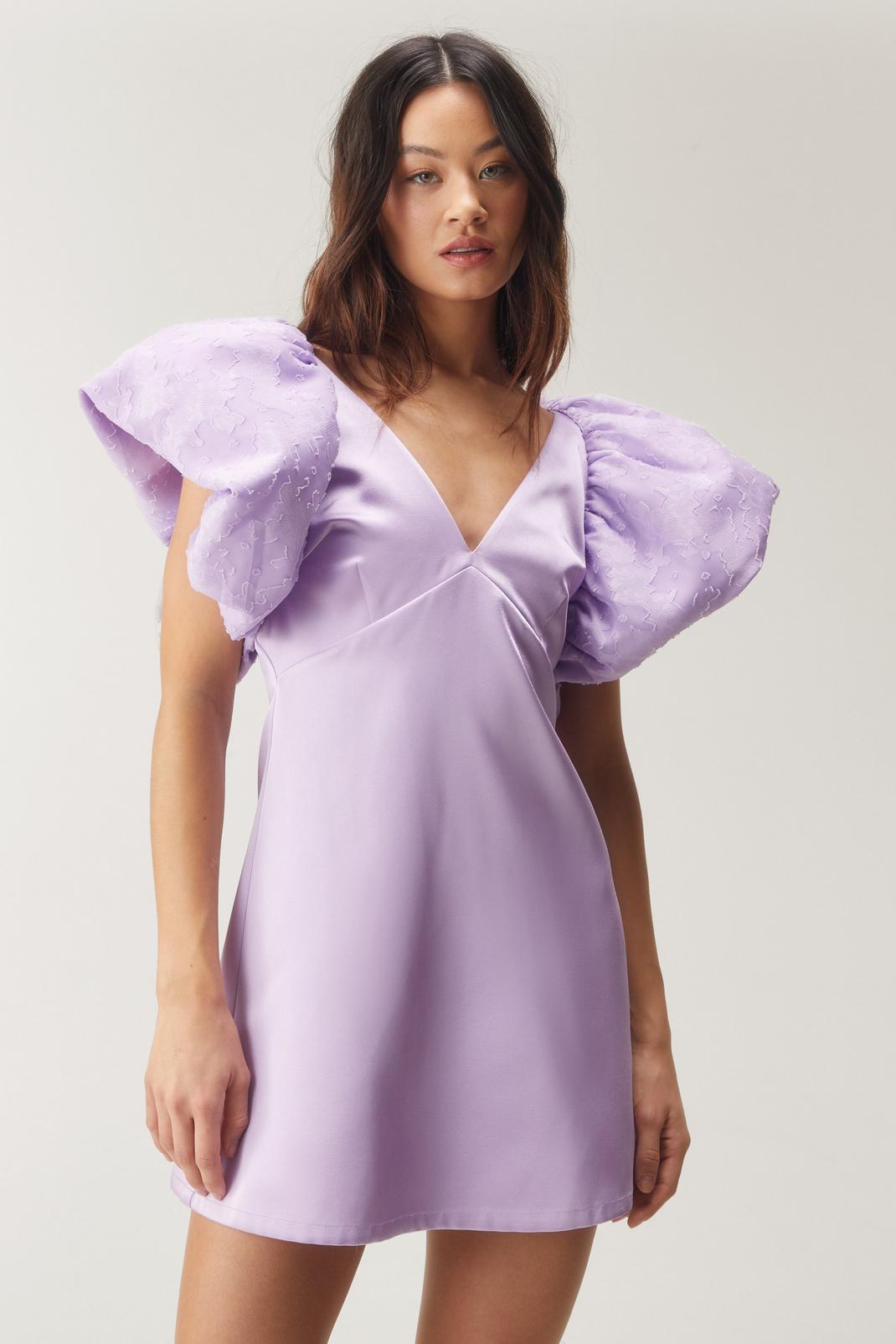 Extreme Puff Sleeve Plunge Mini Dress, Lilac image number 1