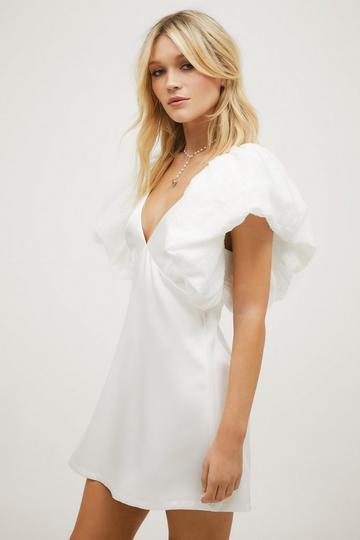 Extreme Puff Sleeve Plunge Mini Dress white
