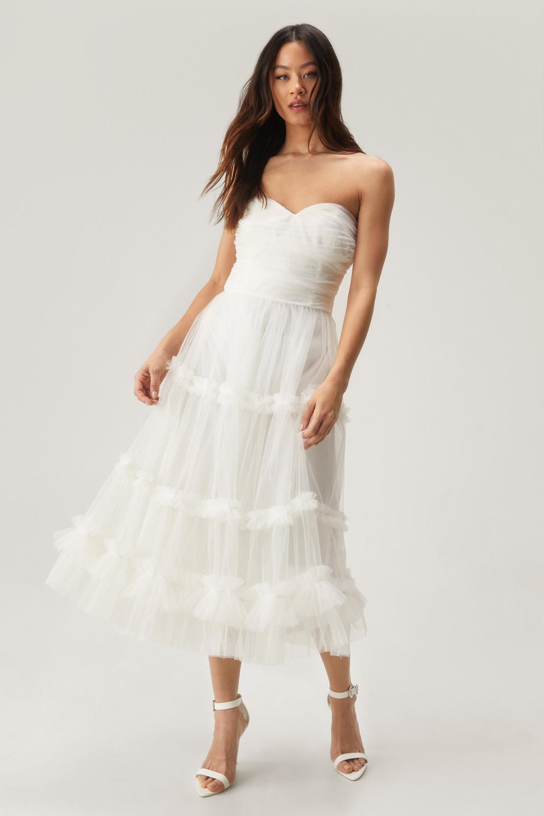 Ivory Tulle Tiered Strapless Midi Dress image number 1