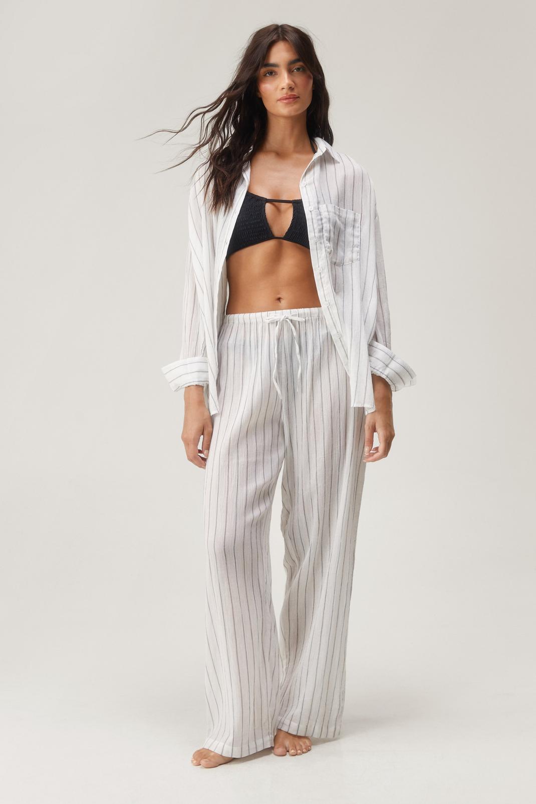 White Stripe Cotton Gauze Basic Beach Shirt And Pants Set image number 1
