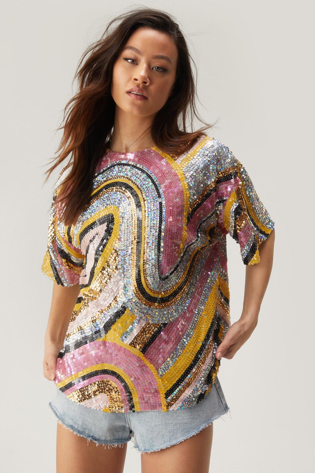 Multi Abstract Statement Sequin Boxy Tee image number 1