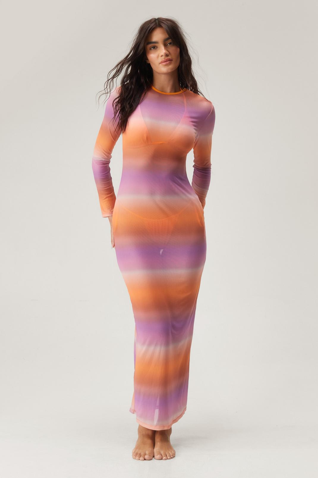 Orange Mesh Ombre Triangle Bikini And Maxi Dress 3pc Set image number 1